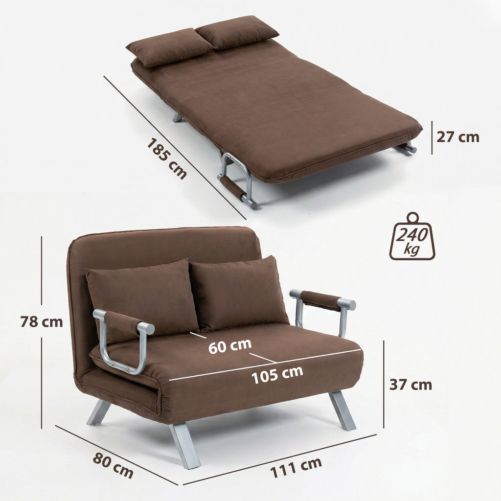 HOMCOM 2-Seater Faux Suede Sofa Bed with Adjustable Backrest and 2 Cushions, 111x80x78 cm, Brown