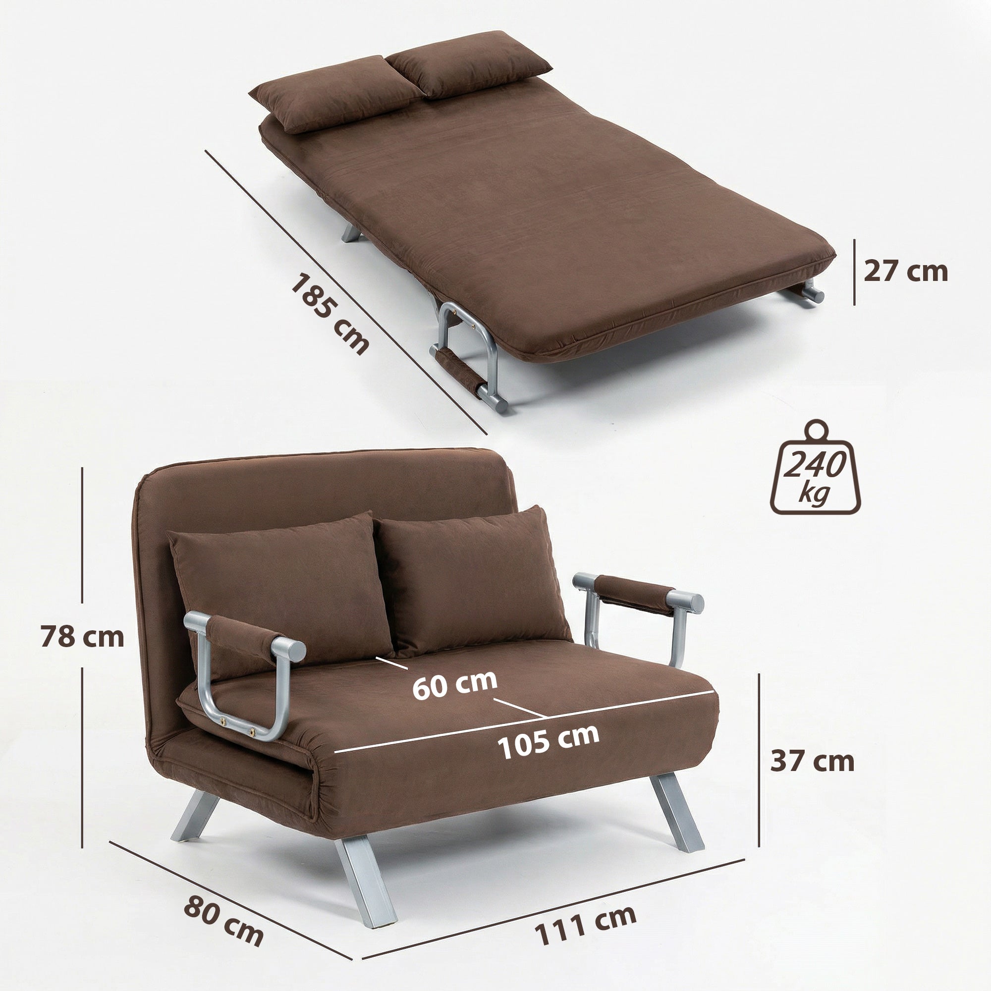 HOMCOM 2-Seater Faux Suede Sofa Bed with Adjustable Backrest and 2 Cushions, 111x80x78 cm, Brown