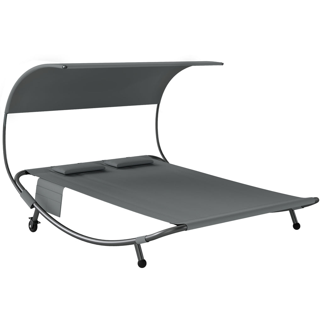 Outsunny Double Sun Lounger with Removable Canopy, Wheels, Cushions and Pockets, Grey