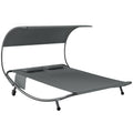 Outsunny Double Sun Lounger with Removable Canopy, Wheels, Cushions and Pockets, Grey