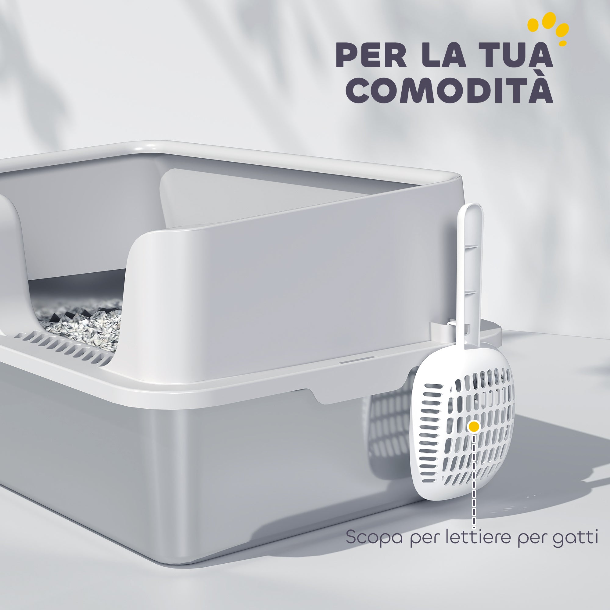 Cat Litter Box with Raised Edges, Tray and Scoop, Stainless Steel and PP, 60x40x28 cm, Light Grey