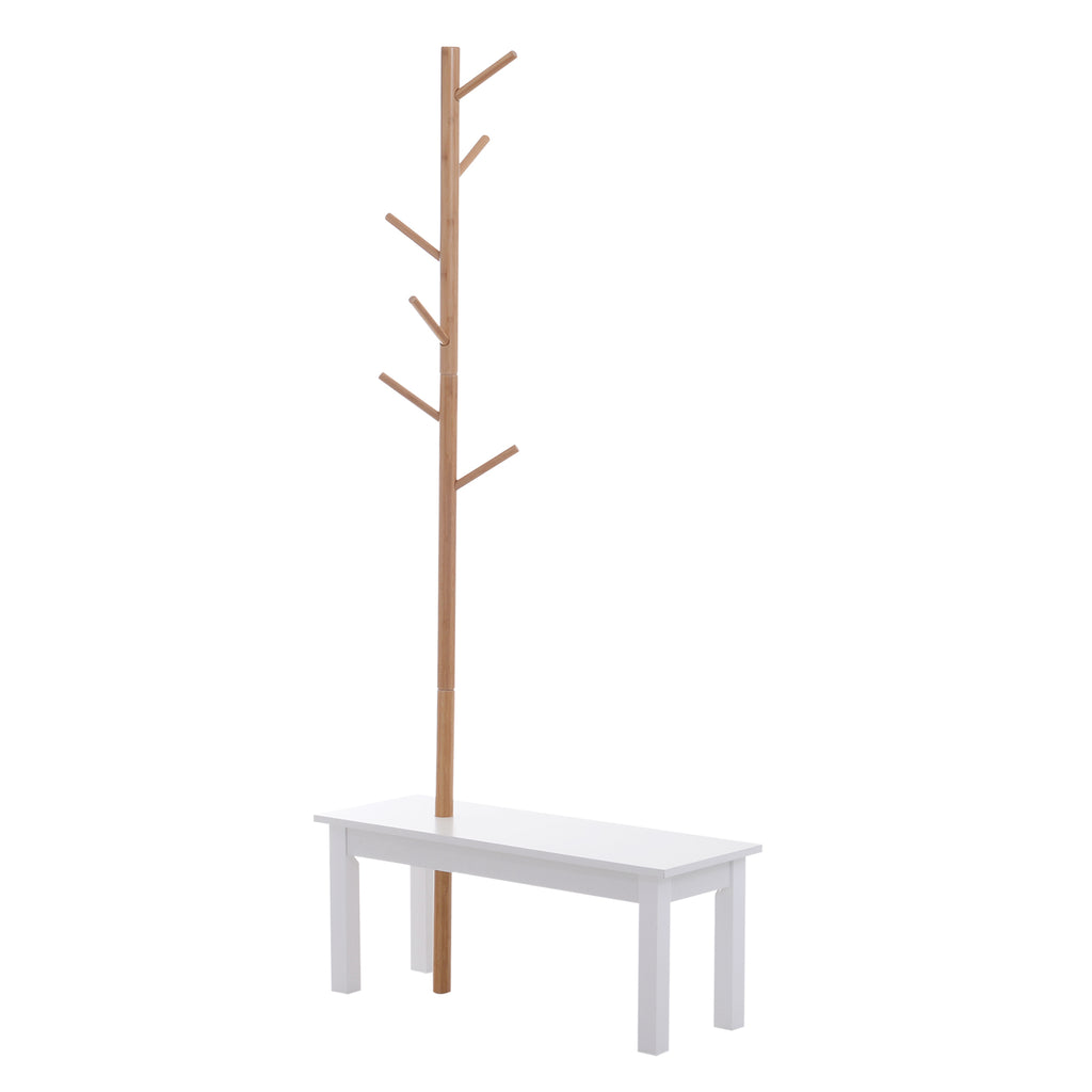 HOMCOM Hallway Bench with Coat Rack, Bamboo Floor-Standing Coat Stand, White Hallway Bench, Design, Also for Bedroom, 80x30x180cm, White Wood