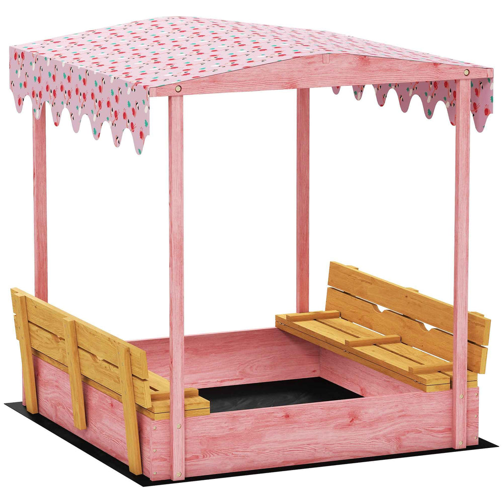 andpit for Children 3-6 Years with Flamingo Canopy, Folding Seats, Lid and Cover Included, Children's Sandpit in Fir Wood, 134.5x127.5x130 cm, Pink
