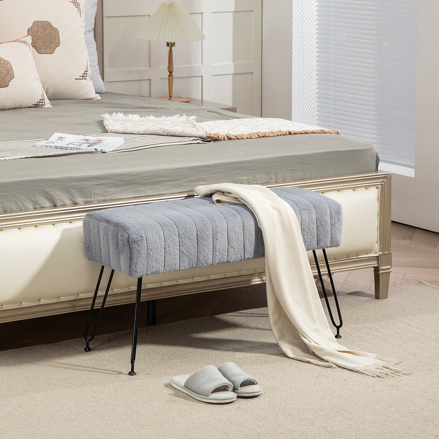 Plush Upholstered Bed End Bench, Wood and Metal, 82x30x47 cm, Grey and Black