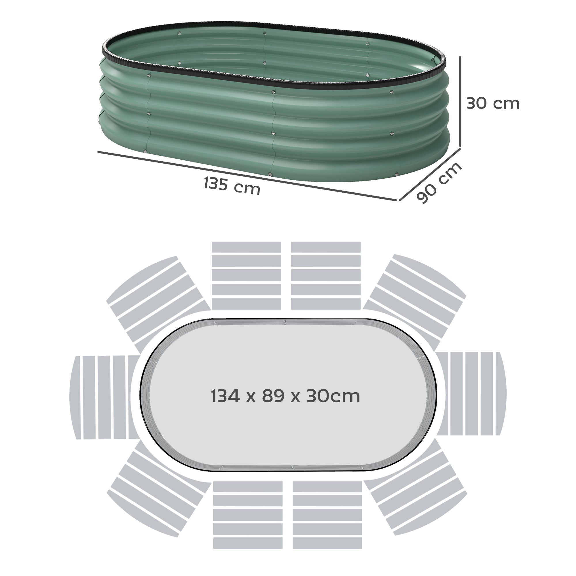 Outsunny Set of 2 Raised Garden Beds in Galvanized Metal with Rubber Edge and Modular Design, 135x90x30 cm Green