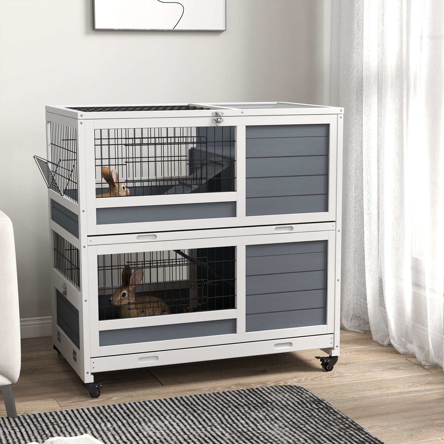 Cozy 2-Tier Indoor Wooden Hutch with Wheels, Removable Trays & Fun Ramps - Grey - Borgè