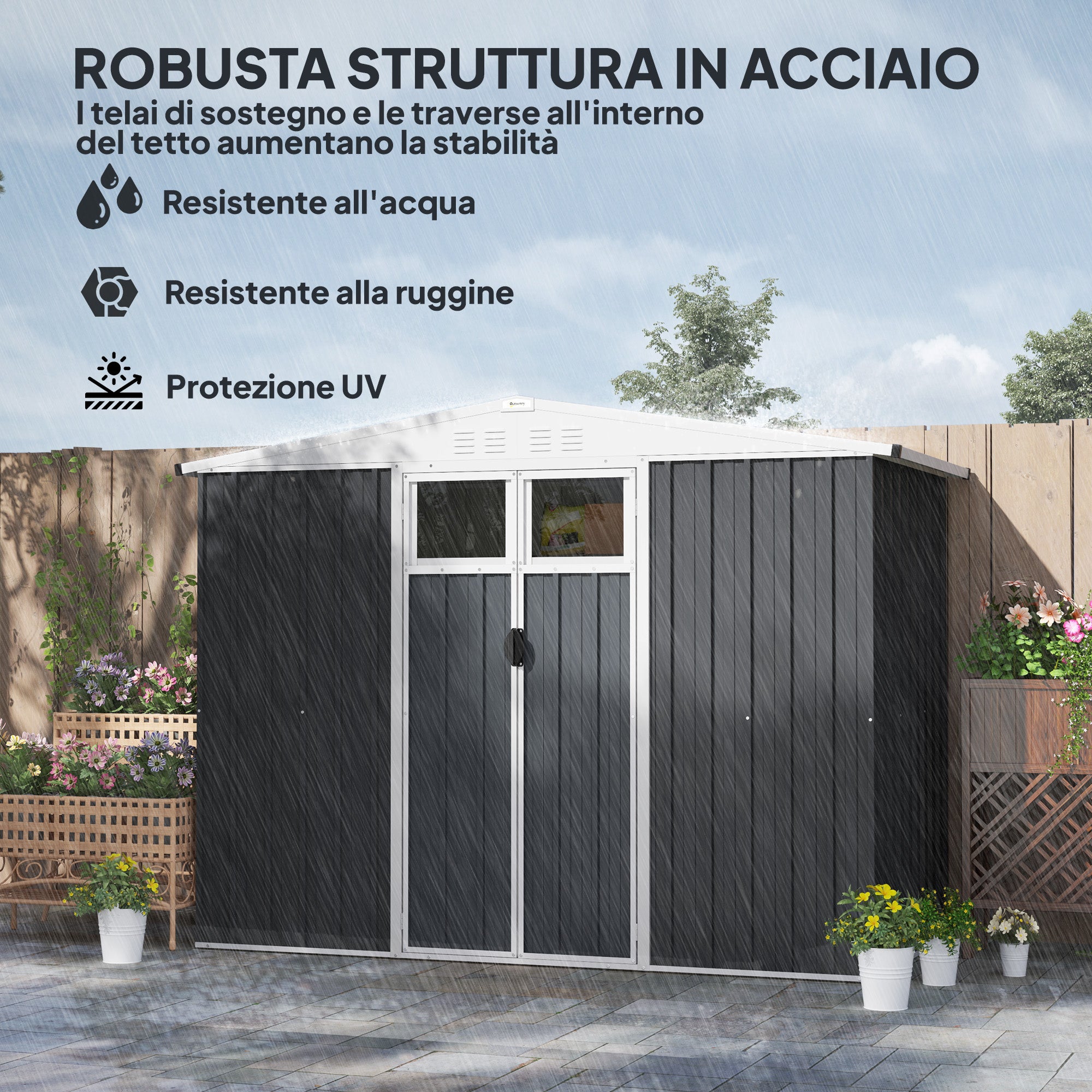 Garden Tool Shed in Galvanized Steel with 2 Doors, 246x117x180 cm, Dark Grey