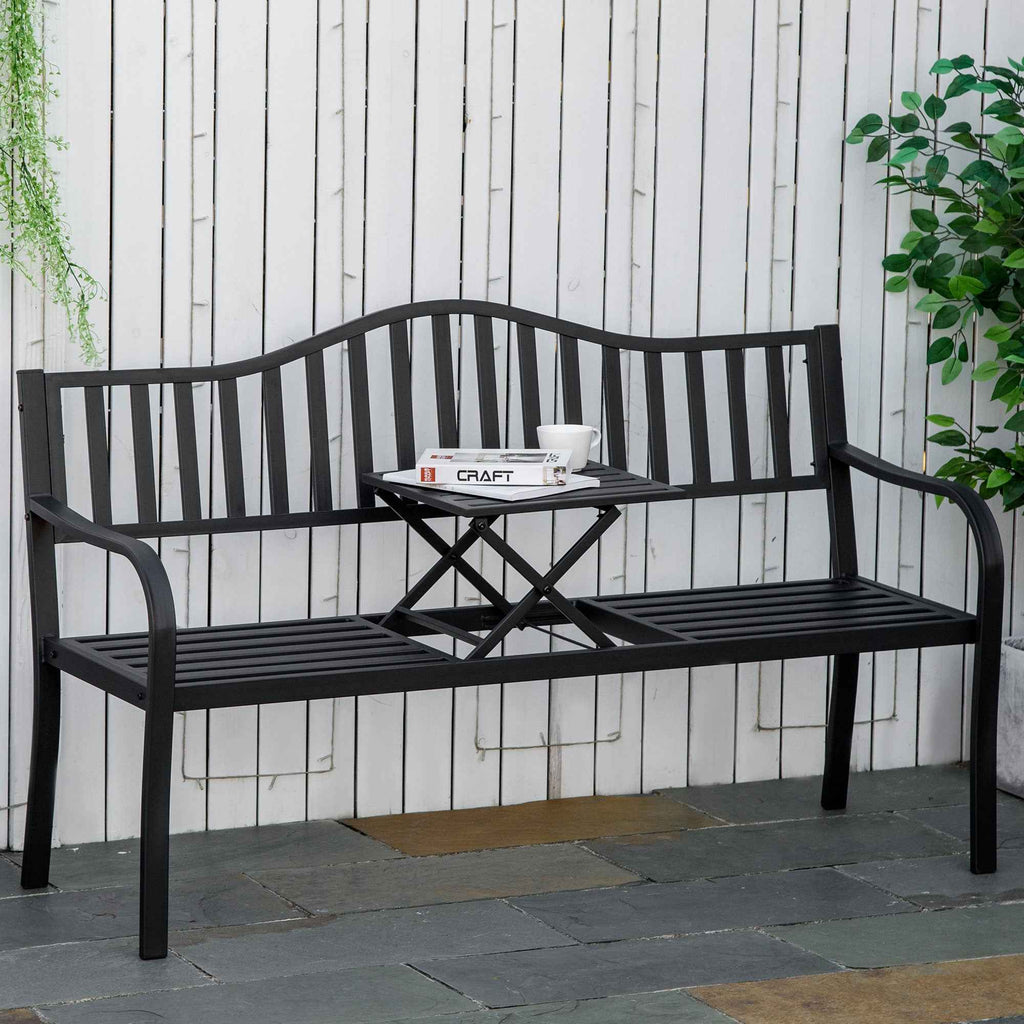 Outsunny 2-3 Seater Garden Bench with Lift-Up Metal Table, 150x58.5x90cm, Black