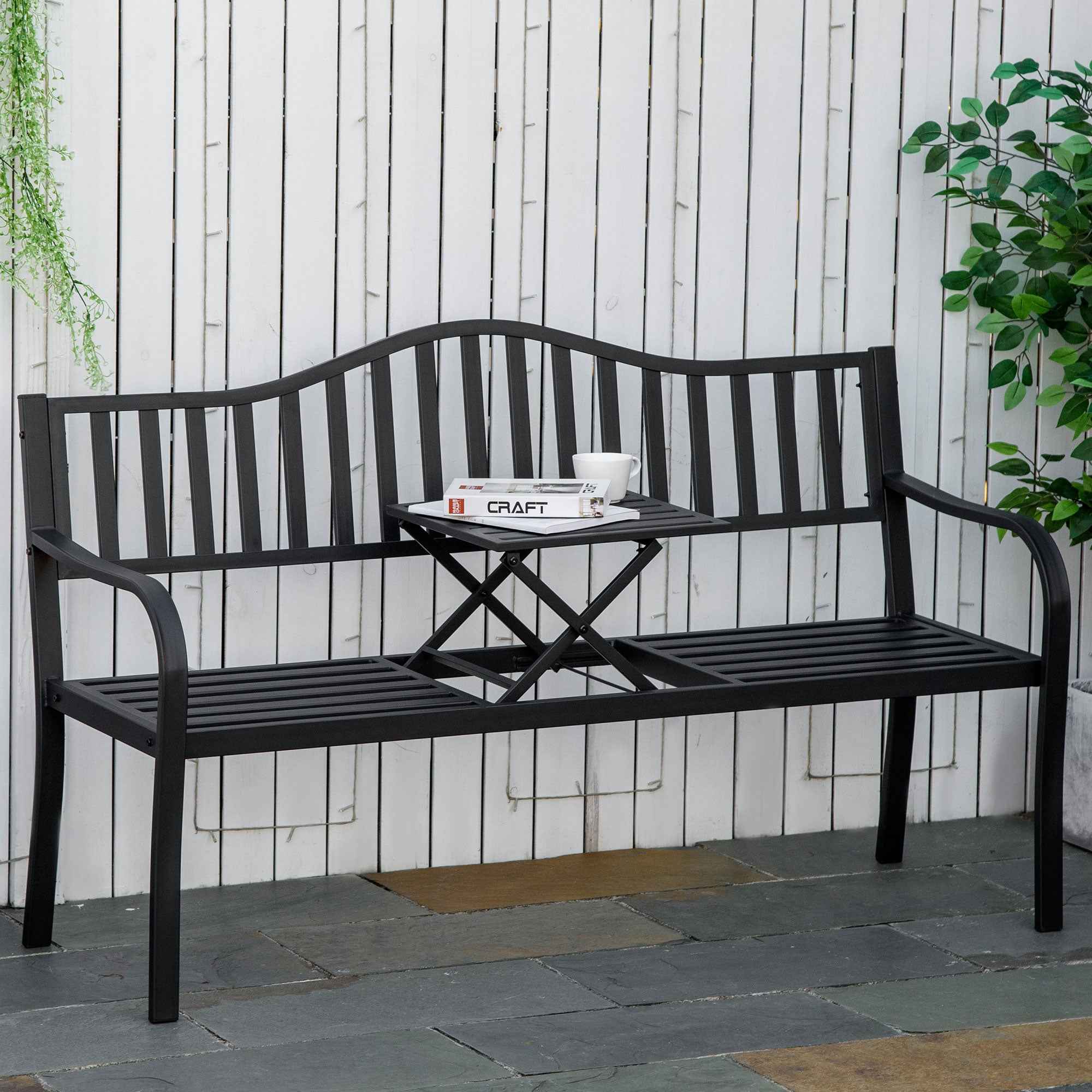 Outsunny 2-3 Seater Garden Bench with Lift-Up Metal Table, 150x58.5x90cm, Black