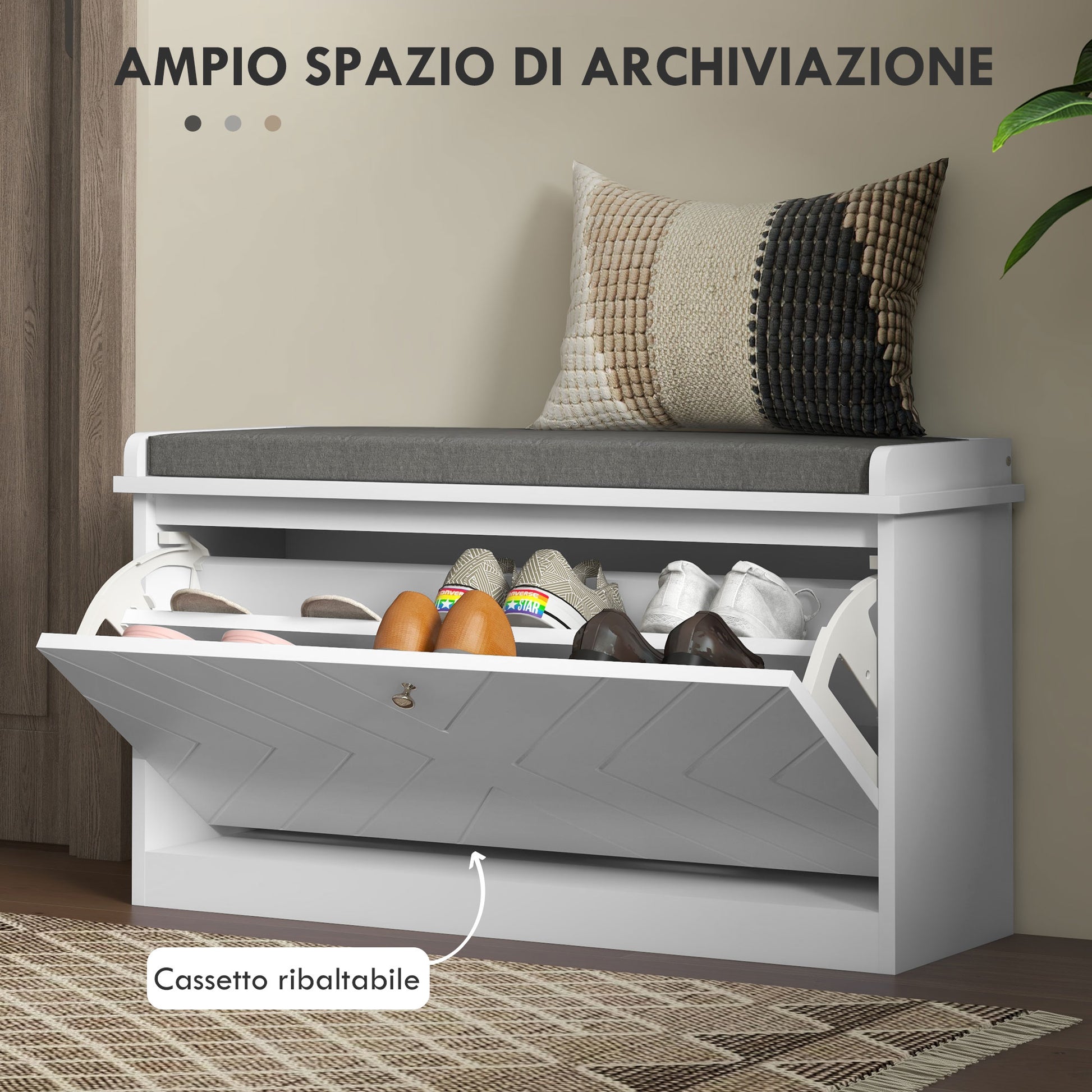 Space-Saving Shoe Cabinet Bench with Cushion and Folding Drawer for 8 Pairs of Shoes, White - Borgè