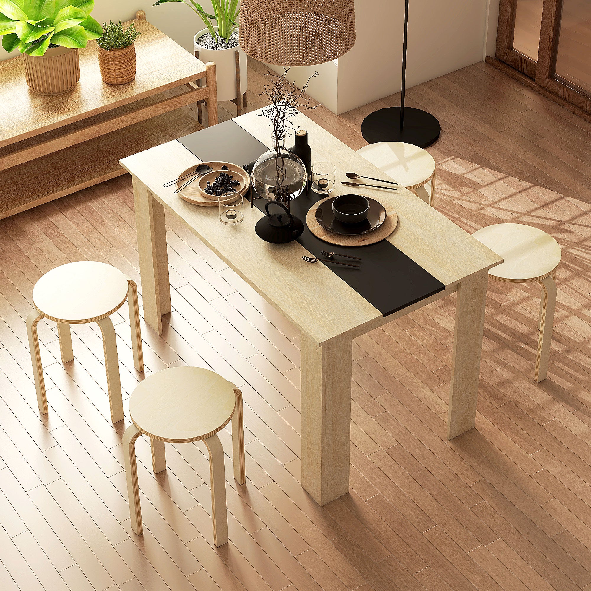 Set of 4 Round Modern Stackable Kitchen and Bar Stools in Wood, Ø40x54cm, Wood Color