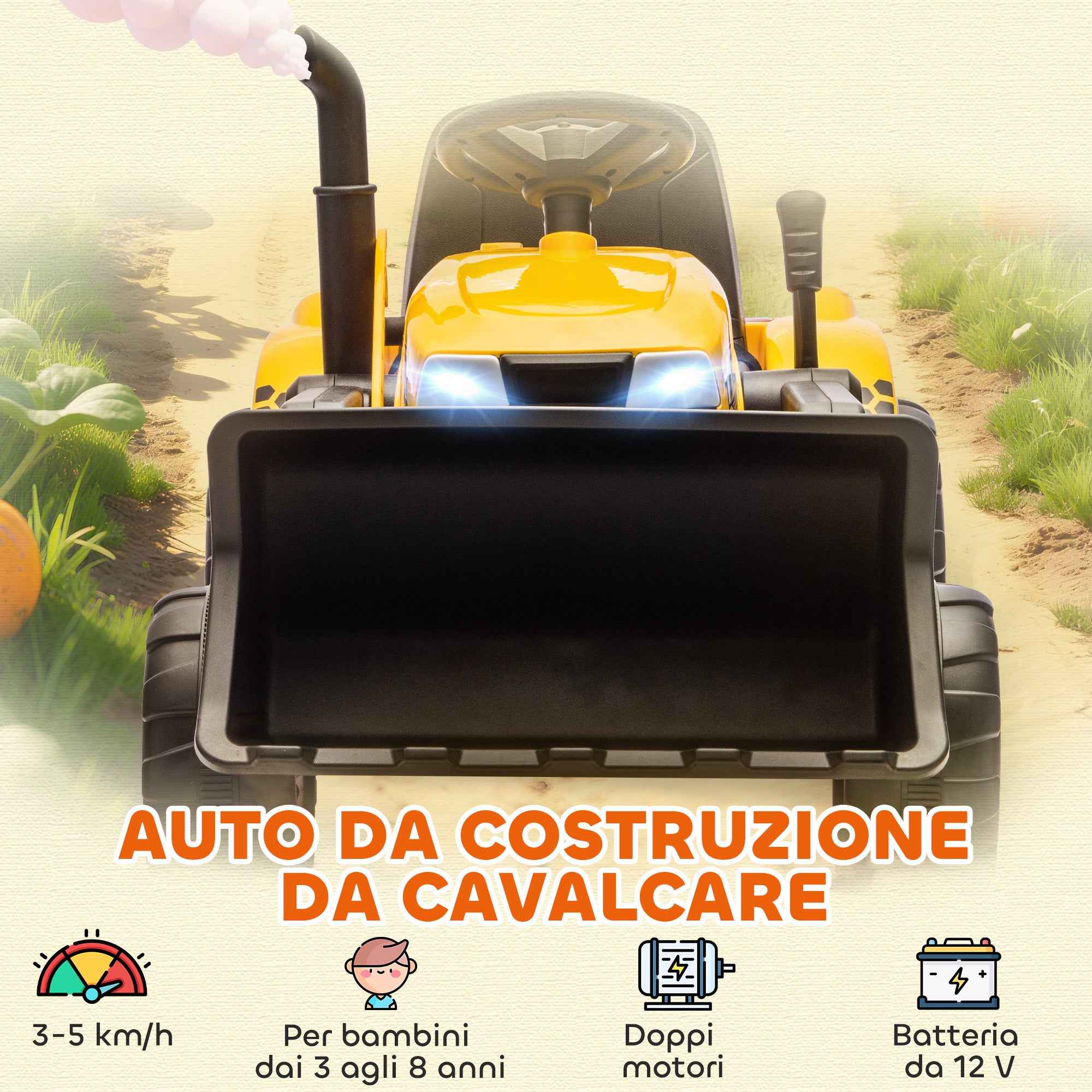 AIYAPLAY 12V Electric Excavator for Kids with Bucket, Trailer and Remote Control, Ages 3-8 Years, Yellow