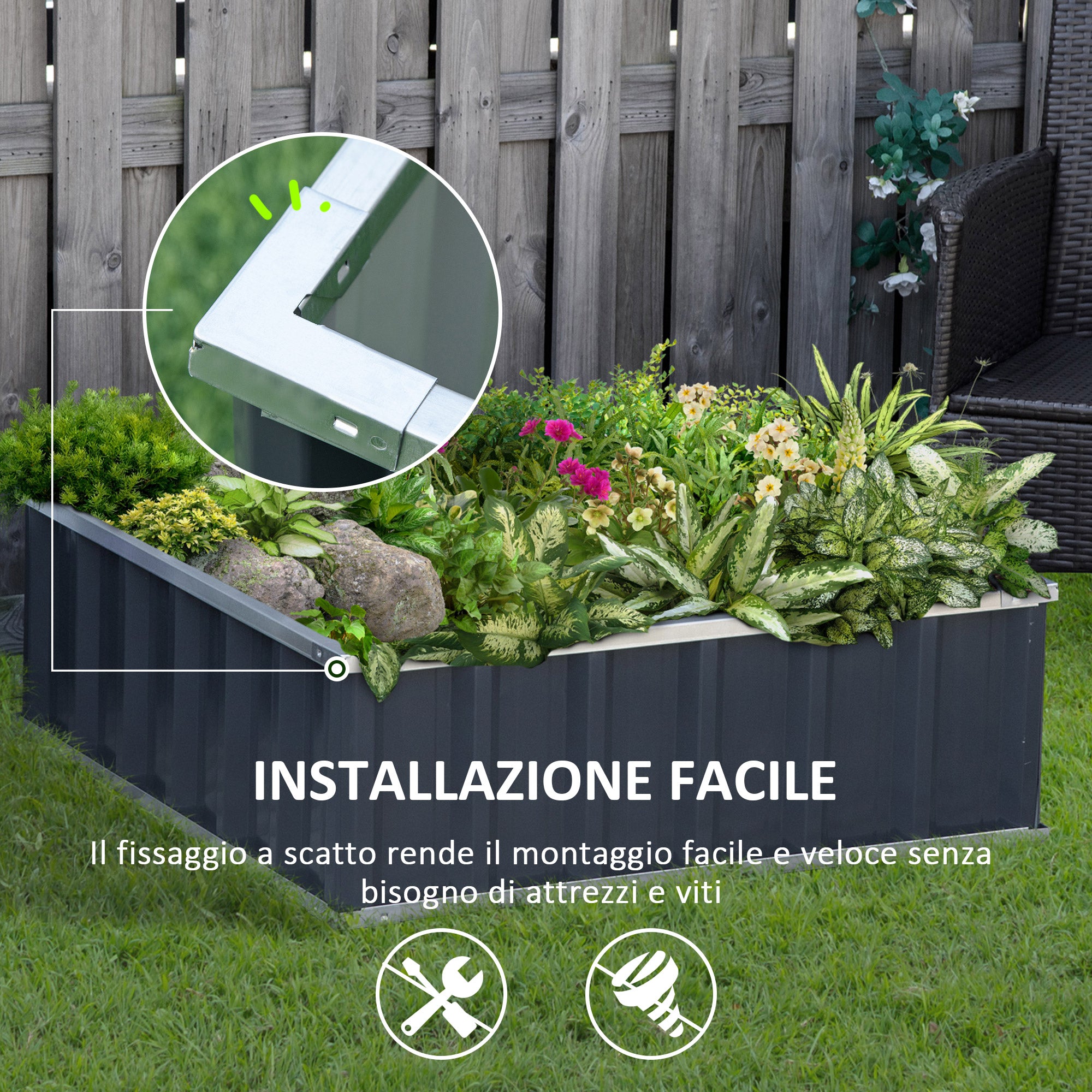 Steel Raised Garden Bed, Open Bottom and Assembly Without Tools, 90x90x30cm - Borgè
