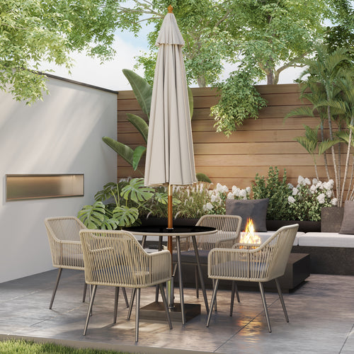 5 Piece Rattan and Steel Garden Set with 4 Outdoor Chairs and Round Table with Hole, Brown and Grey