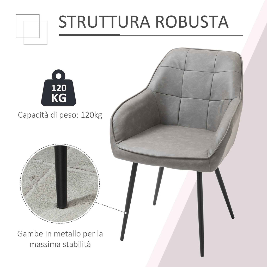 Industrial Style Dining Chair with Backrest, Modern Living Room Chair in Faux Leather and Black Metal, 61x58x84 cm, Grey