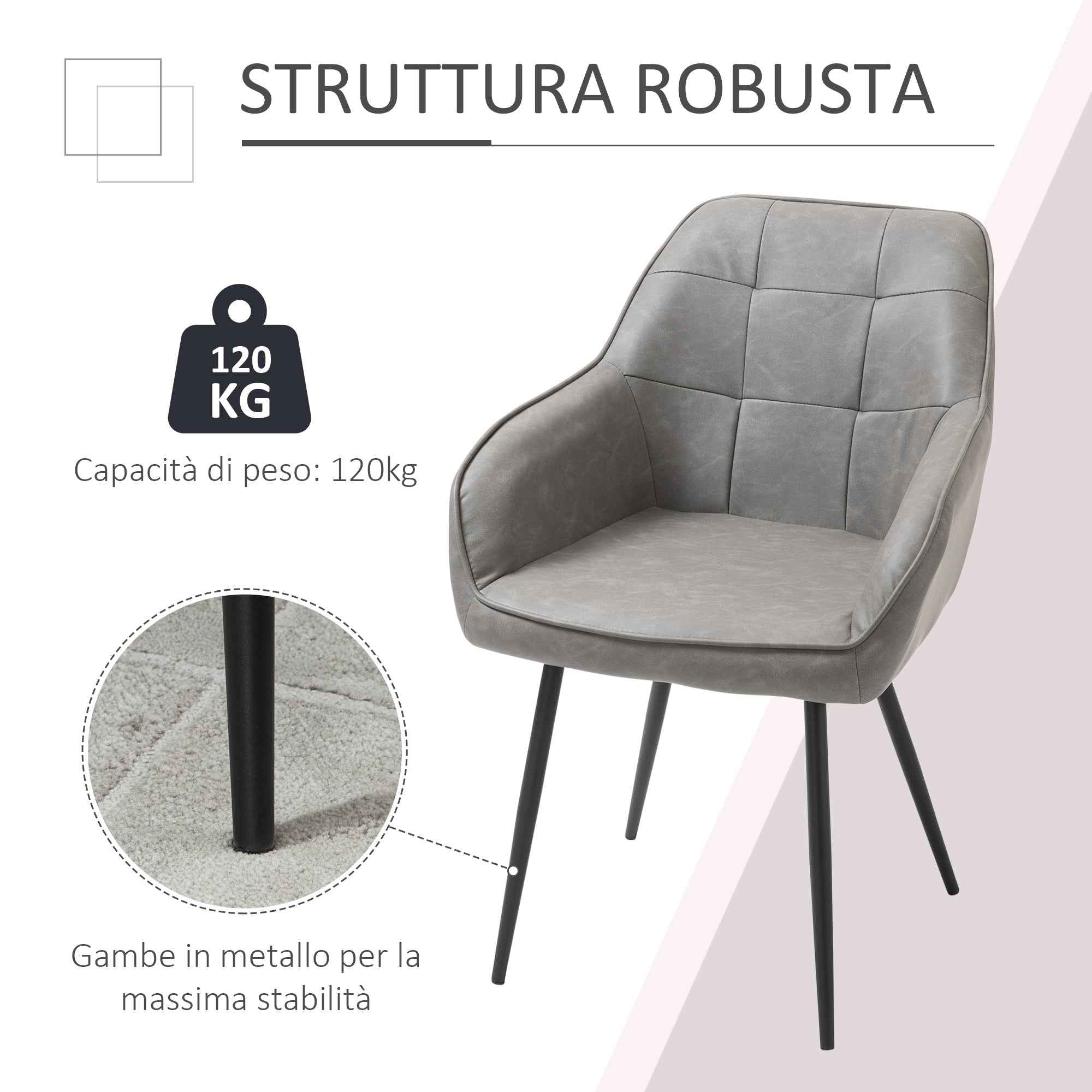 Industrial Style Dining Chair with Backrest, Modern Living Room Chair in Faux Leather and Black Metal, 61x58x84 cm, Grey