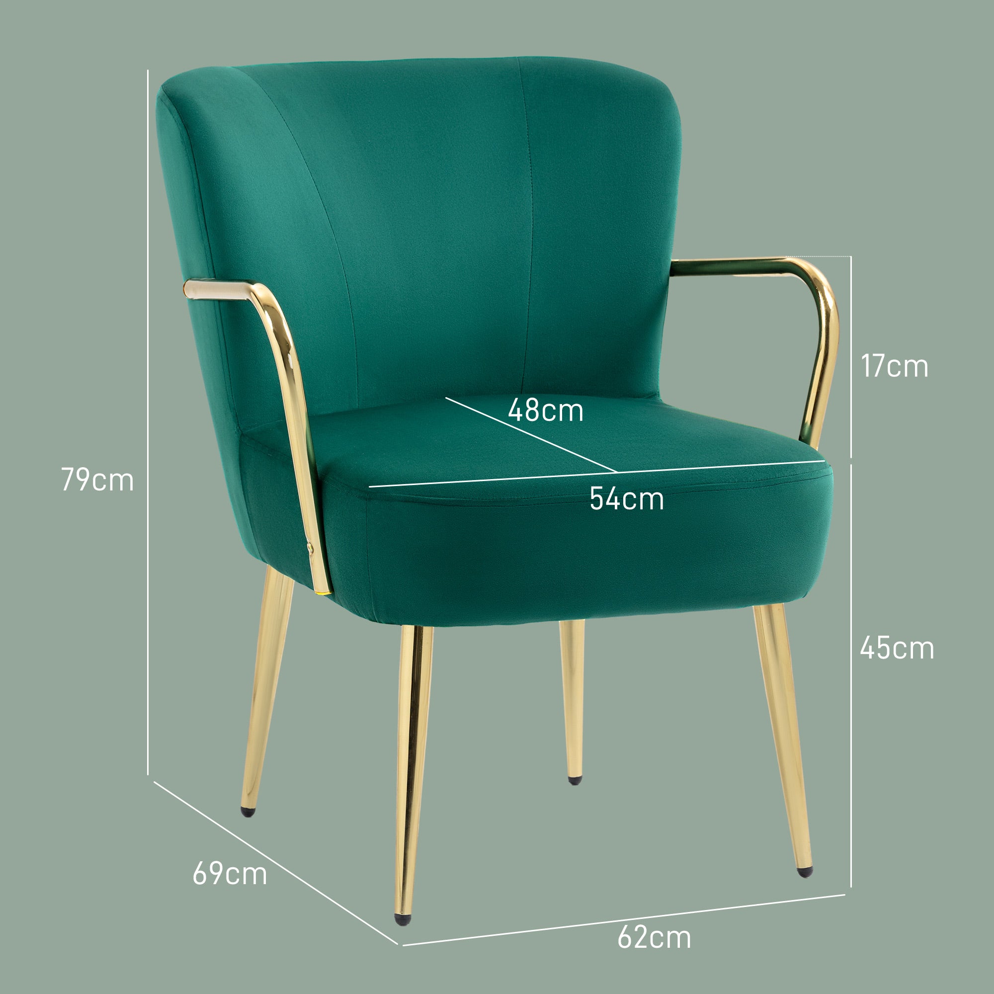 Retro Velvet Bedroom Chair with Armrests, Gold Legs and Padded Seat, Green