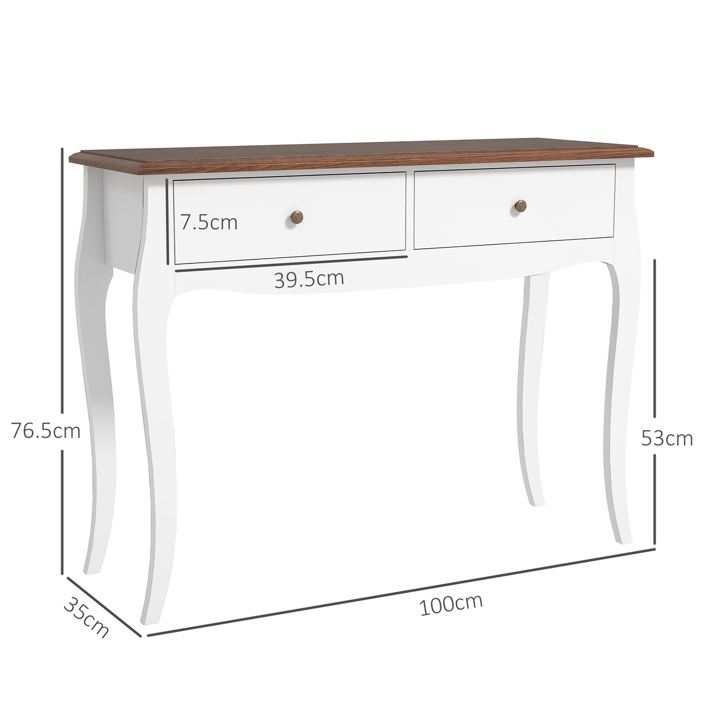 Modern Console Table with 2 Drawers in Wood, 100x35x76.5 cm, White and Dark Brown