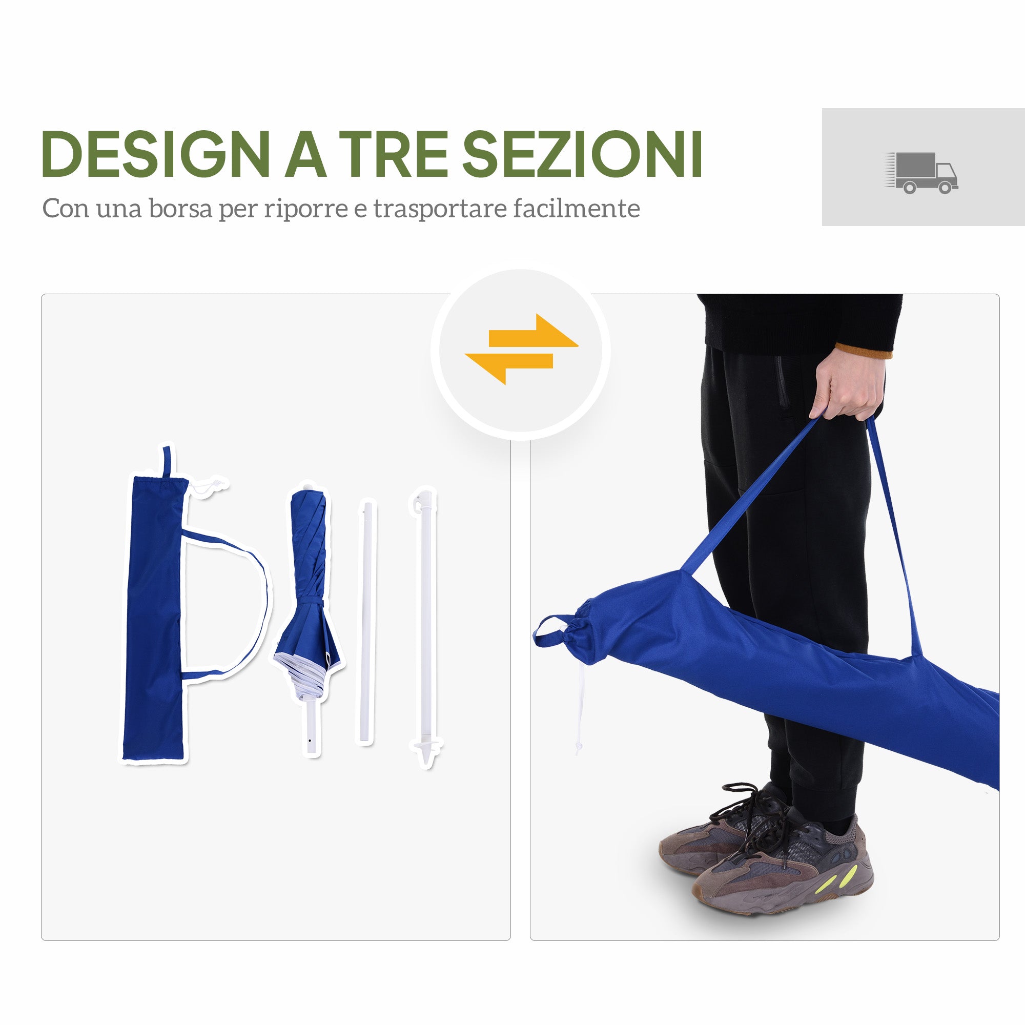 Tilting Beach Umbrella with Reflective Lining, in Steel and Polyester, Ø1.7x2.05 m, Blue