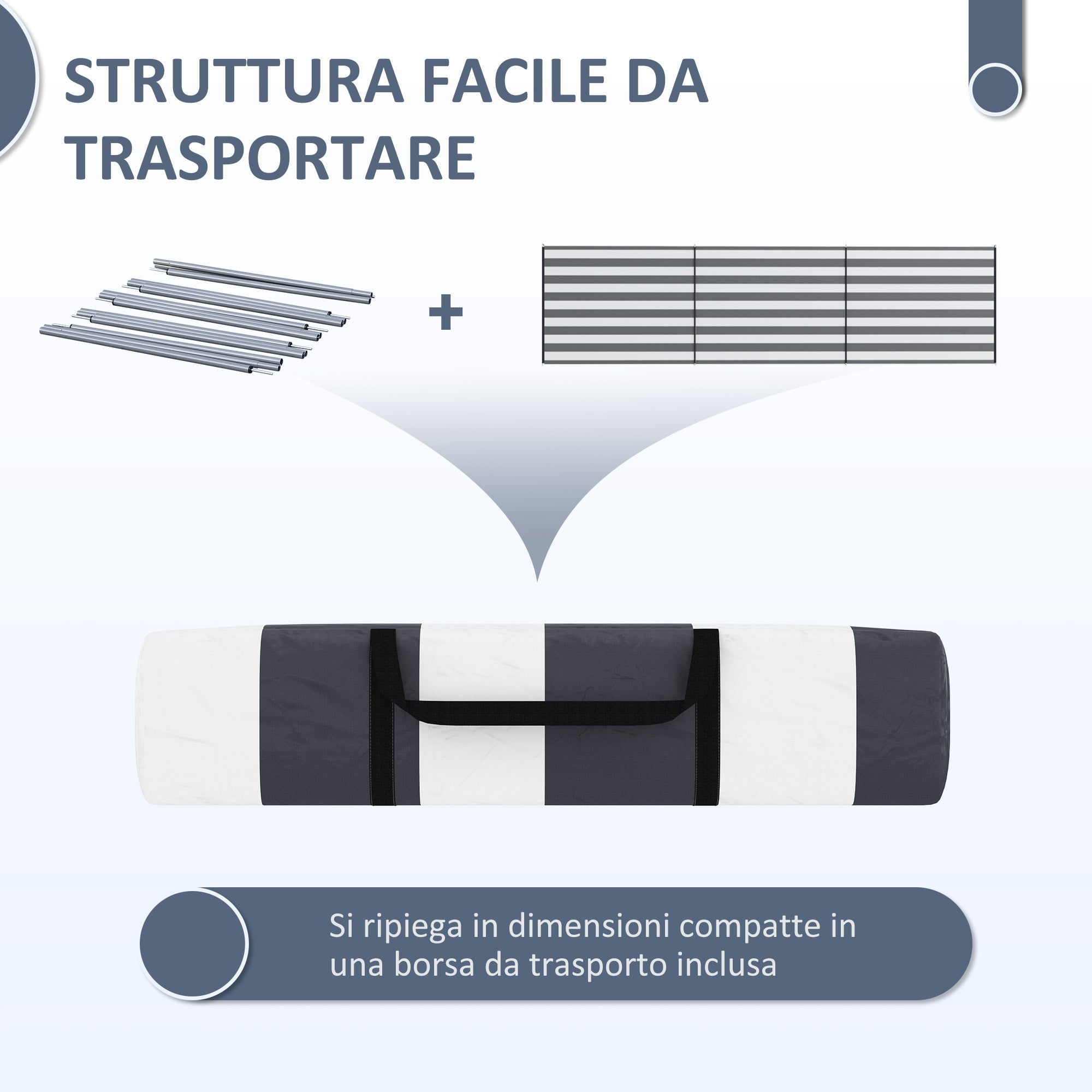 Folding Beach Screen Privacy Screen in Polyester with Steel Bars, 540x150 cm, Grey