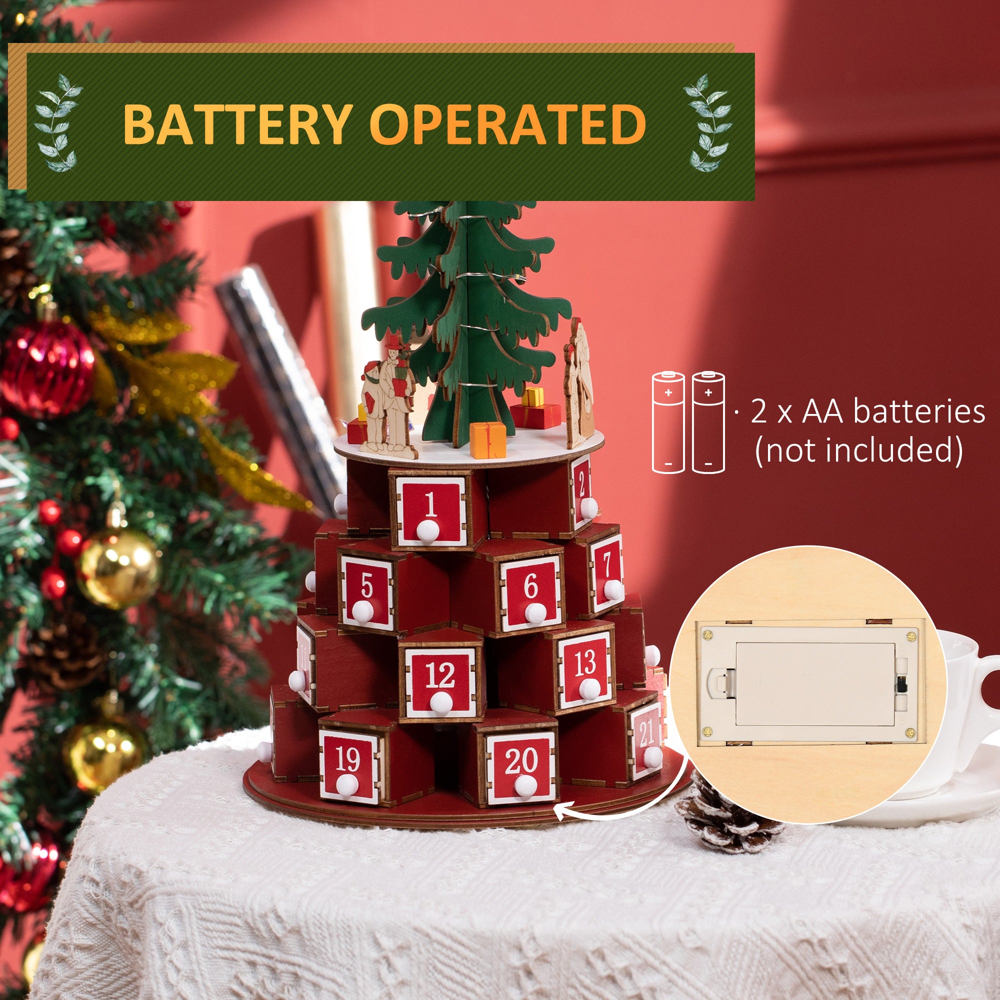 Christmas Cone Advent Calendar with Themed Patterns and 10 LED Lights, 22x22x35 cm, Plywood, Red, Green and Yellow