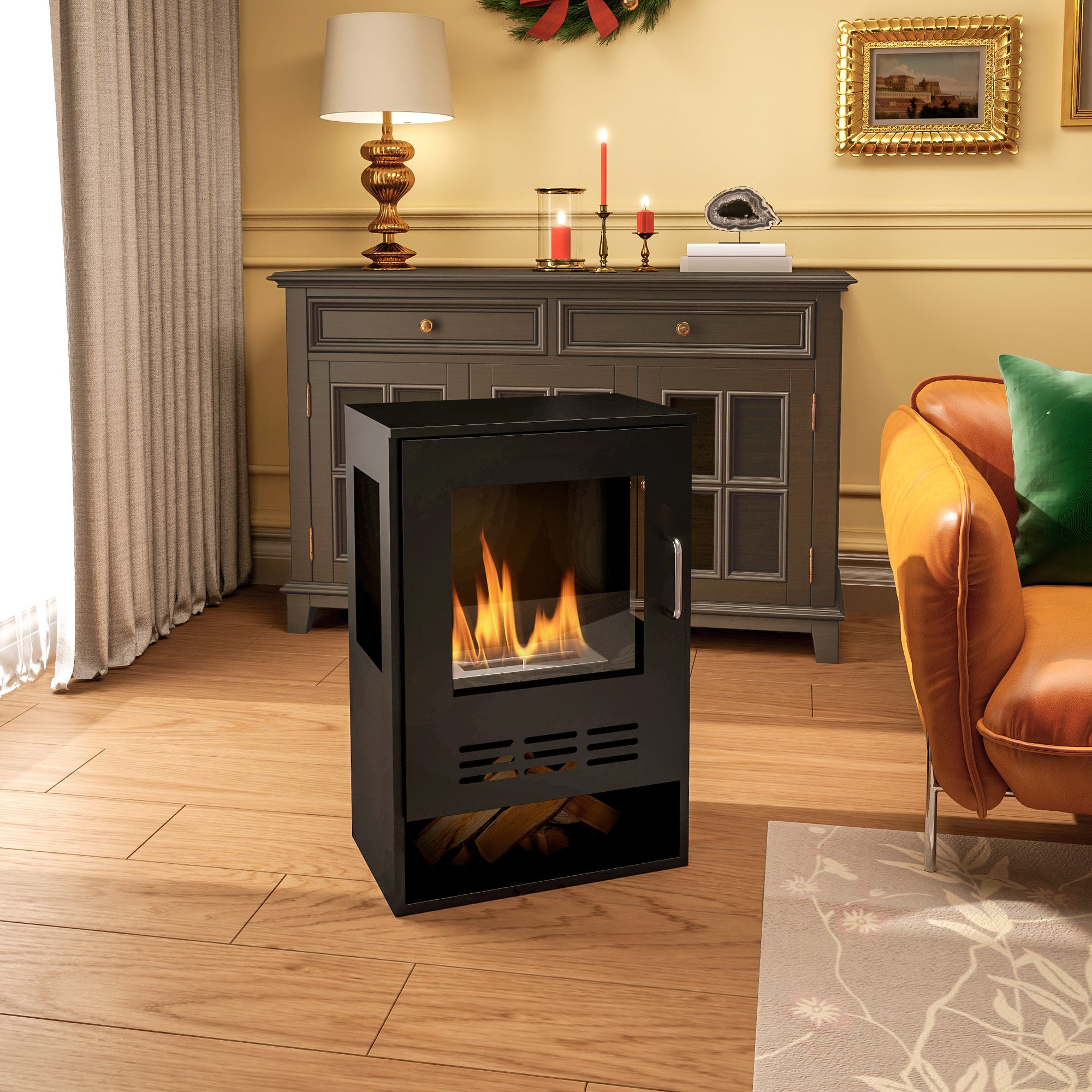 Freestanding Bioethanol Fireplace with 0.9L Burner and 3.3 Hour Duration, 44x28x68 cm, Black