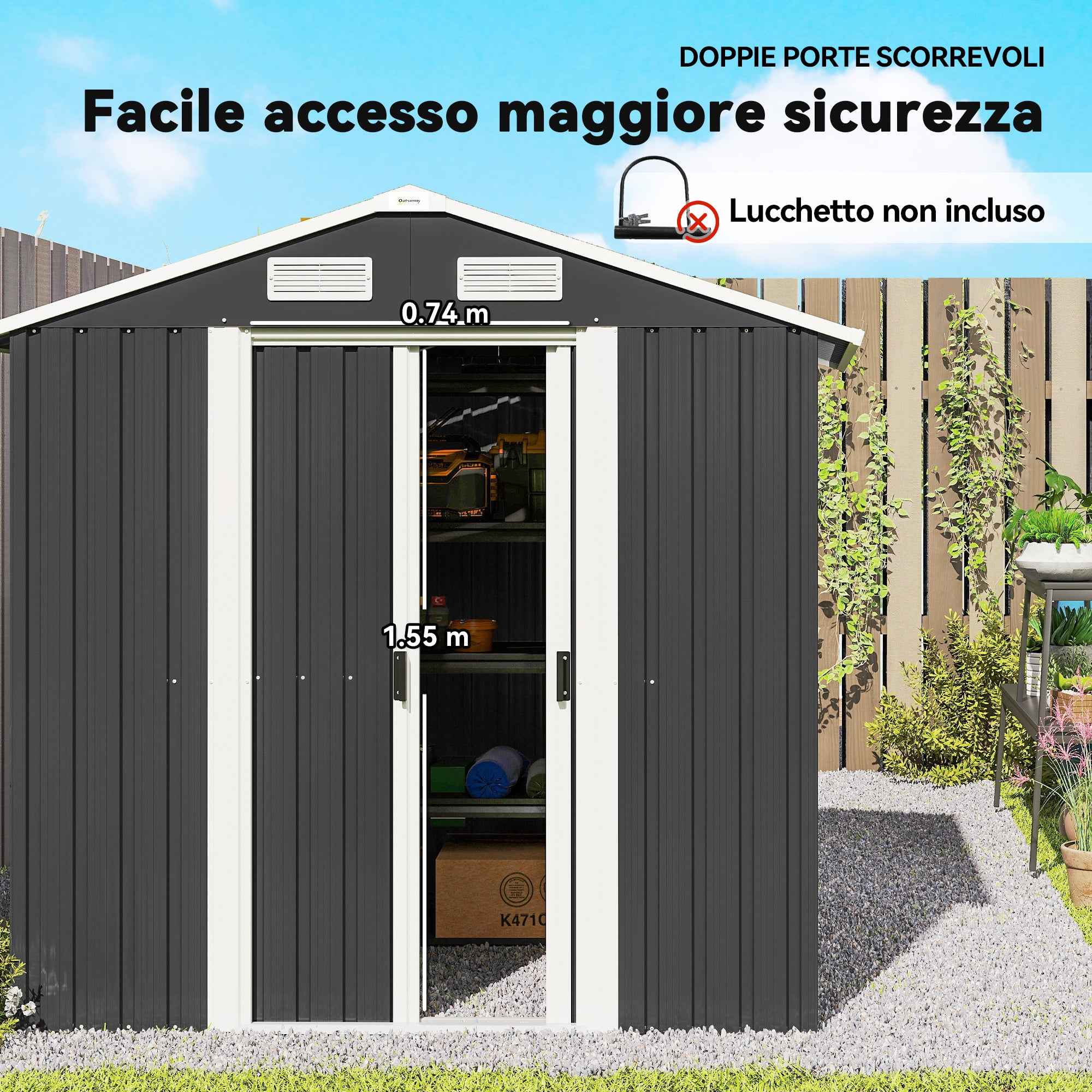 Outsunny Steel Garden Shed with 2 Sliding Doors, Black, 2.6 m²