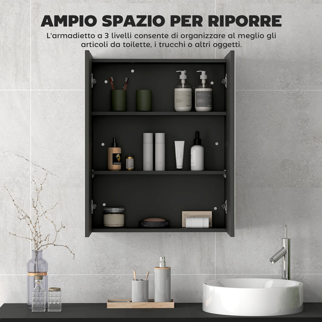 Bathroom Wall Cabinet with 2 Doors, Mirror and 2 Internal Shelves in MDF, 60x15x75 cm, Black