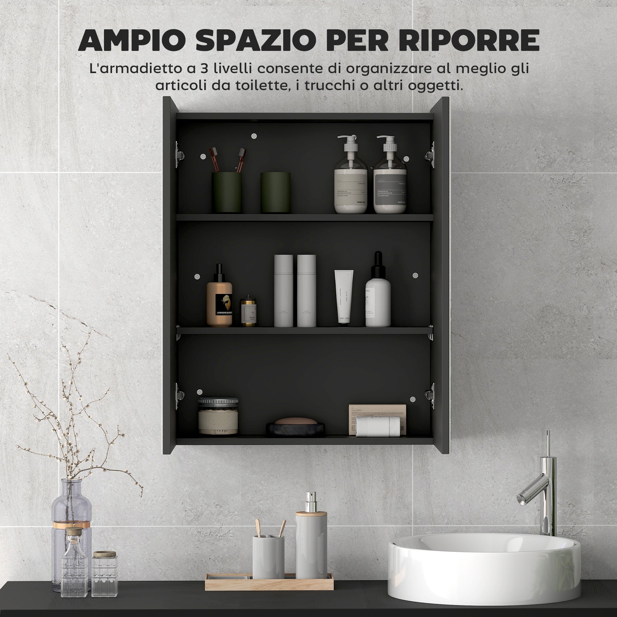 Bathroom Wall Cabinet with 2 Doors, Mirror and 2 Internal Shelves in MDF, 60x15x75 cm, Black