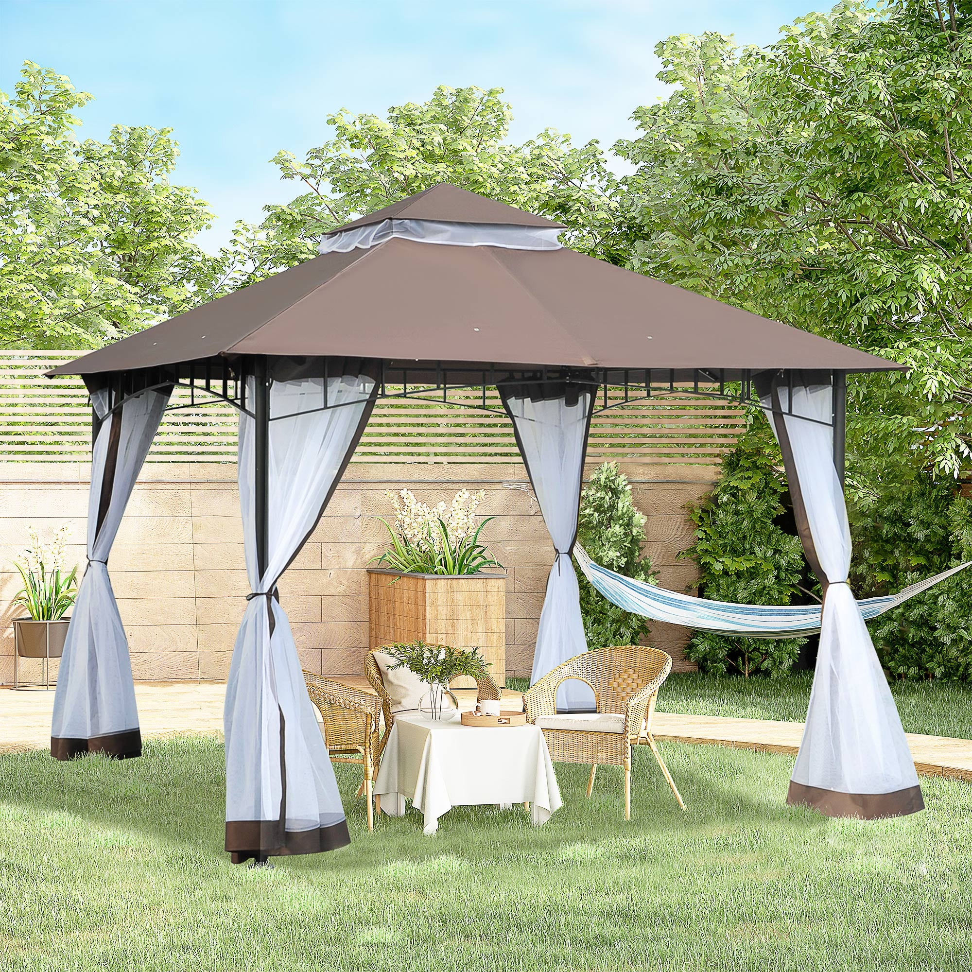 3x3m Garden Gazebo with Mosquito Net, Two-Tier Roof and Brown Metal Frame