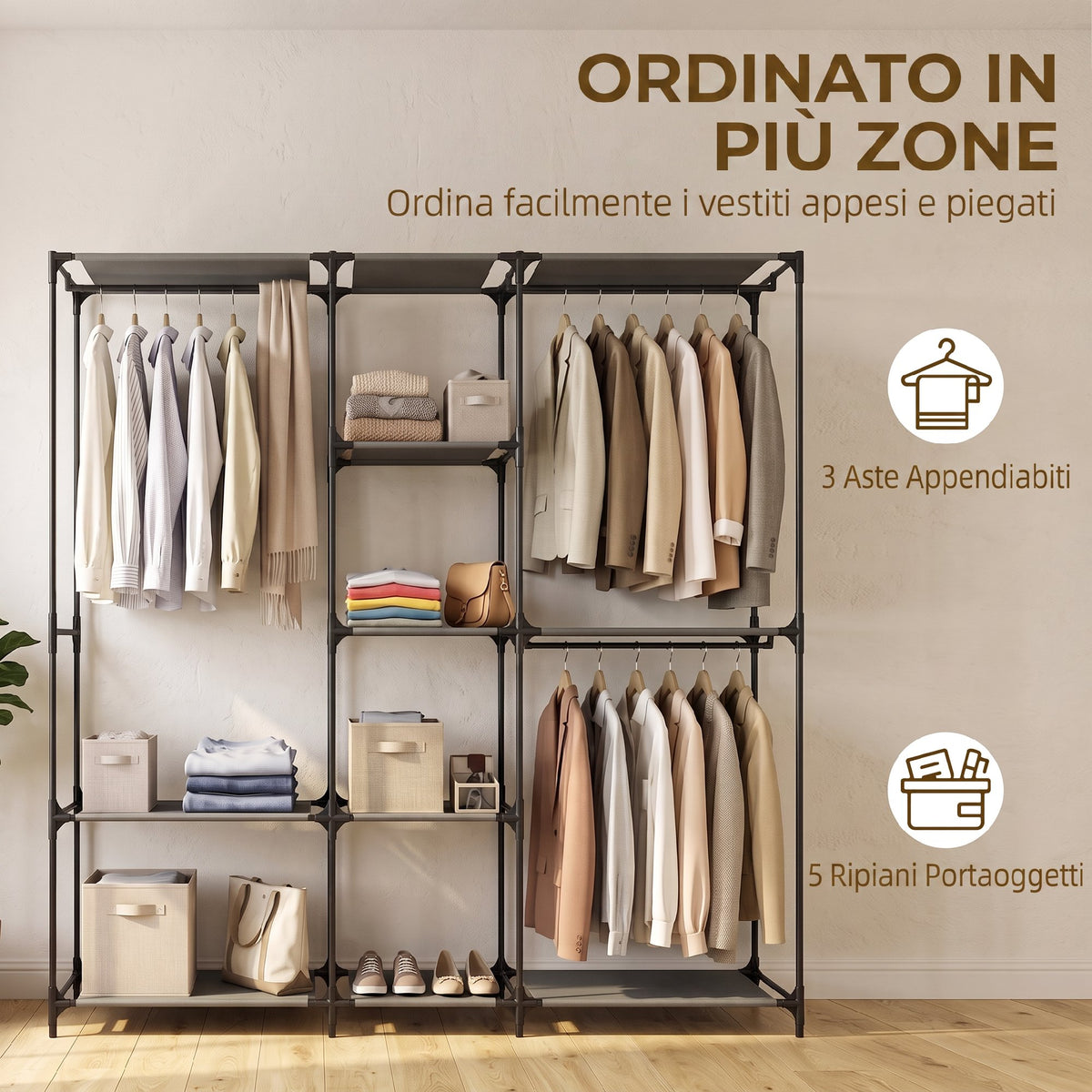 HOMCOM Space-Saving Open Wardrobe with 3 Hanging Rails, 5 Shelves, Steel Frame, 182x43x182 cm, Black