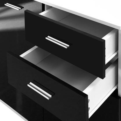 Chest of Drawers, Living Room and Bedroom Cabinet with 3 Doors and 2 Drawers, Glossy Black, Scratch-Resistant (106 x 35 x 76 cm)