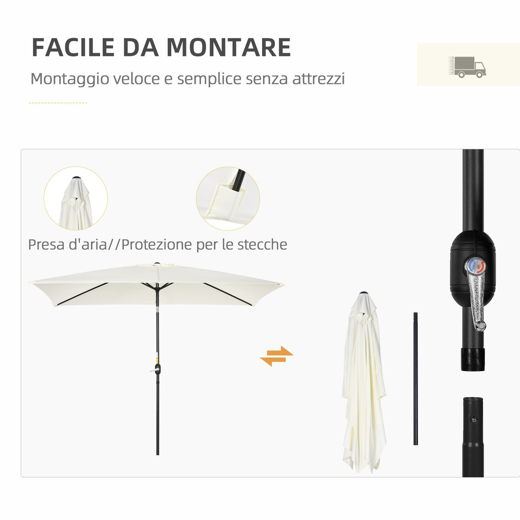 Rectangular Umbrella 2x3 m Foldable and Adjustable with Crank, in Aluminum and Polyester, Cream White