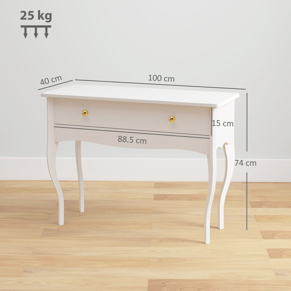 Dressing Table and Console Table for Entrance Hall with Large Wooden Drawer, 100x40x74 cm, White