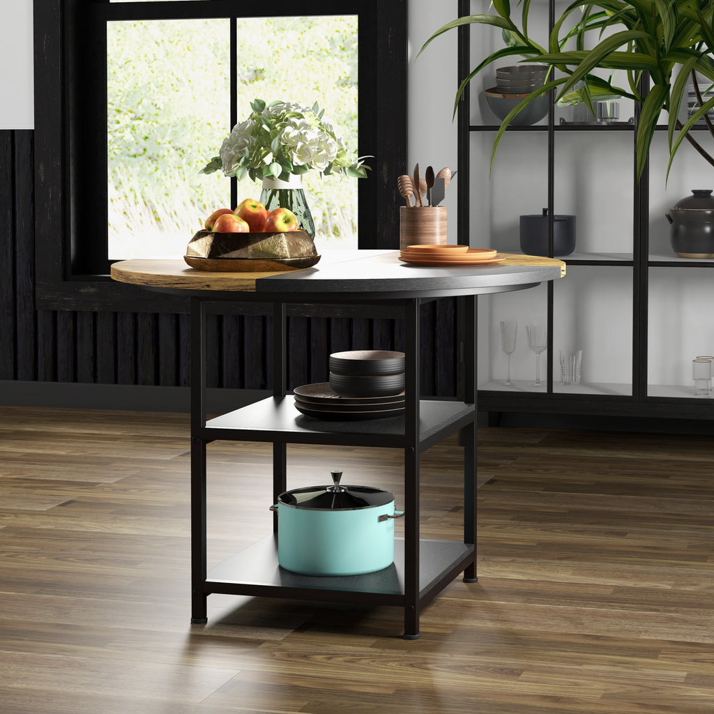 Homcom dining table for 4-6 people with 2 integrated shelves, in steel and mdf, Ø100x76 cm, black and brown - Borgè