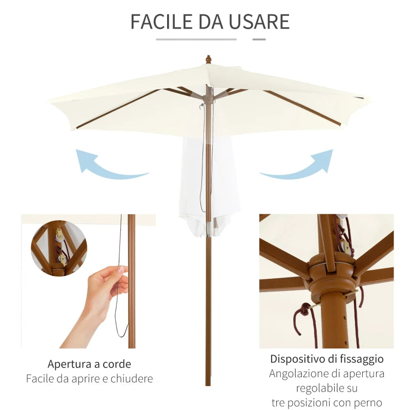 2.5x2.3 m 6-Rib Garden Umbrella, Wood and Polyester, Cream White - Borge' Group Limited