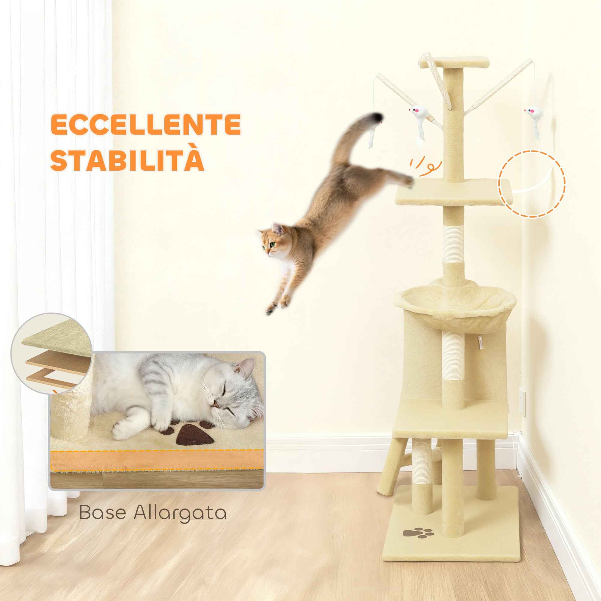 PawHut Cat Tower with House, Perch, Platforms and 4 Hanging Mice, 60x35x134 cm, Beige