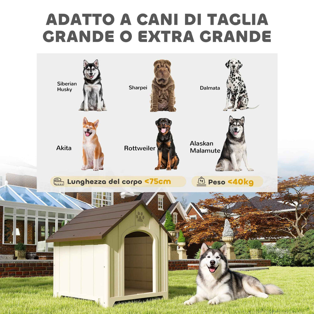 PawHut Raised Dog Kennel with Sloped Roof and Air Vents, PP, 102x94x103 cm, Beige and Dark Brown