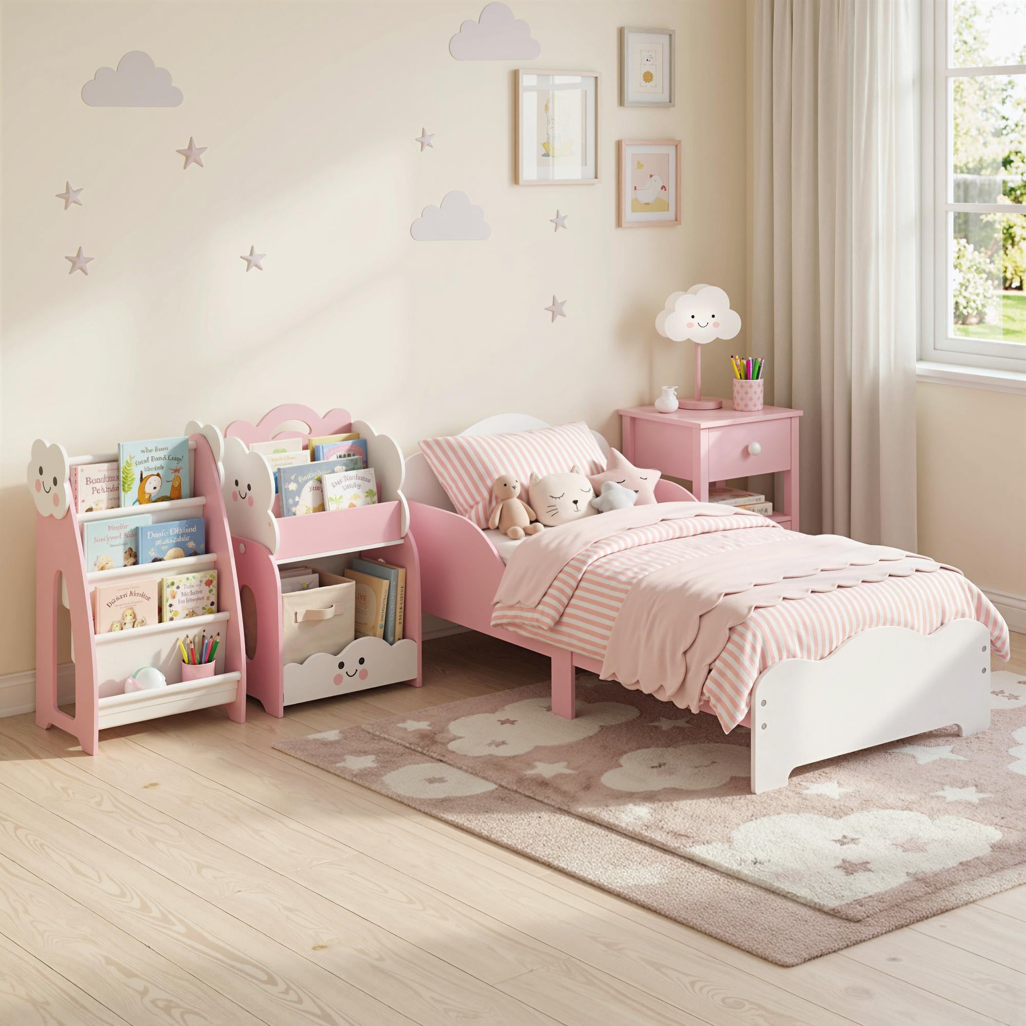 AIYAPLAY Montessori Bed for Children Ages 3-6, Wooden Bed with Raised Edges and Cute Prints, for Children's Bedroom, Pink