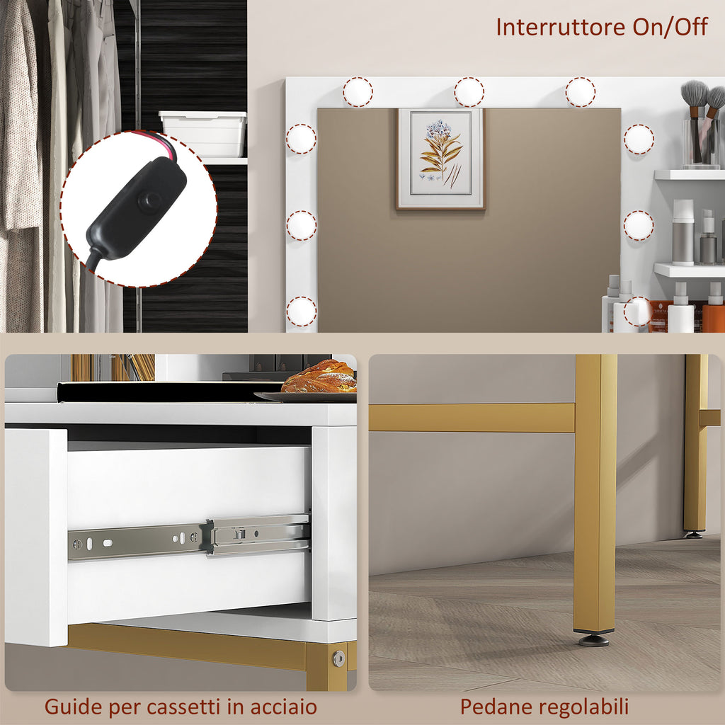 Vanity Makeup Table with Mirror, 2 Drawers, 5 Shelves and Stool, in MDF and Chipboard, 80x40x138 cm, White - Borgè