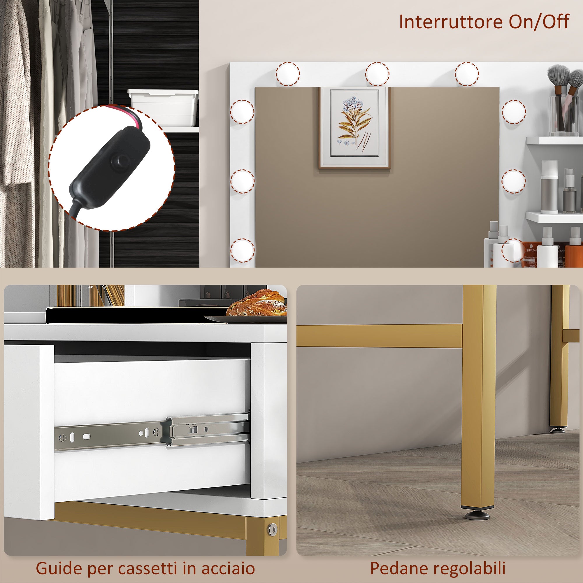 Vanity Makeup Table with Mirror, 2 Drawers, 5 Shelves and Stool, in MDF and Chipboard, 80x40x138 cm, White - Borgè