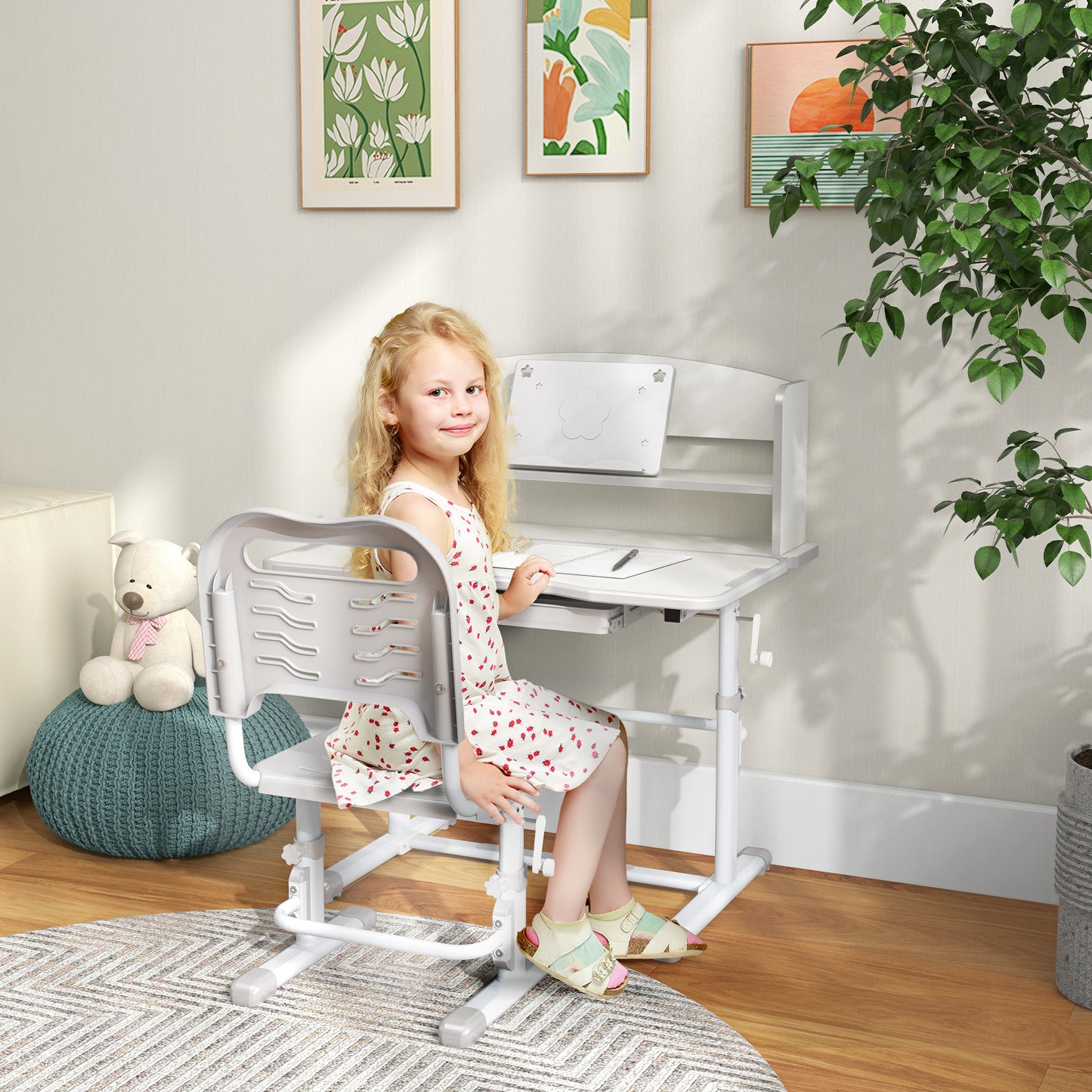 Zonekiz set for children's desk with height adjustable chair and tilting plan, age 6-12 years, gray - Borgè