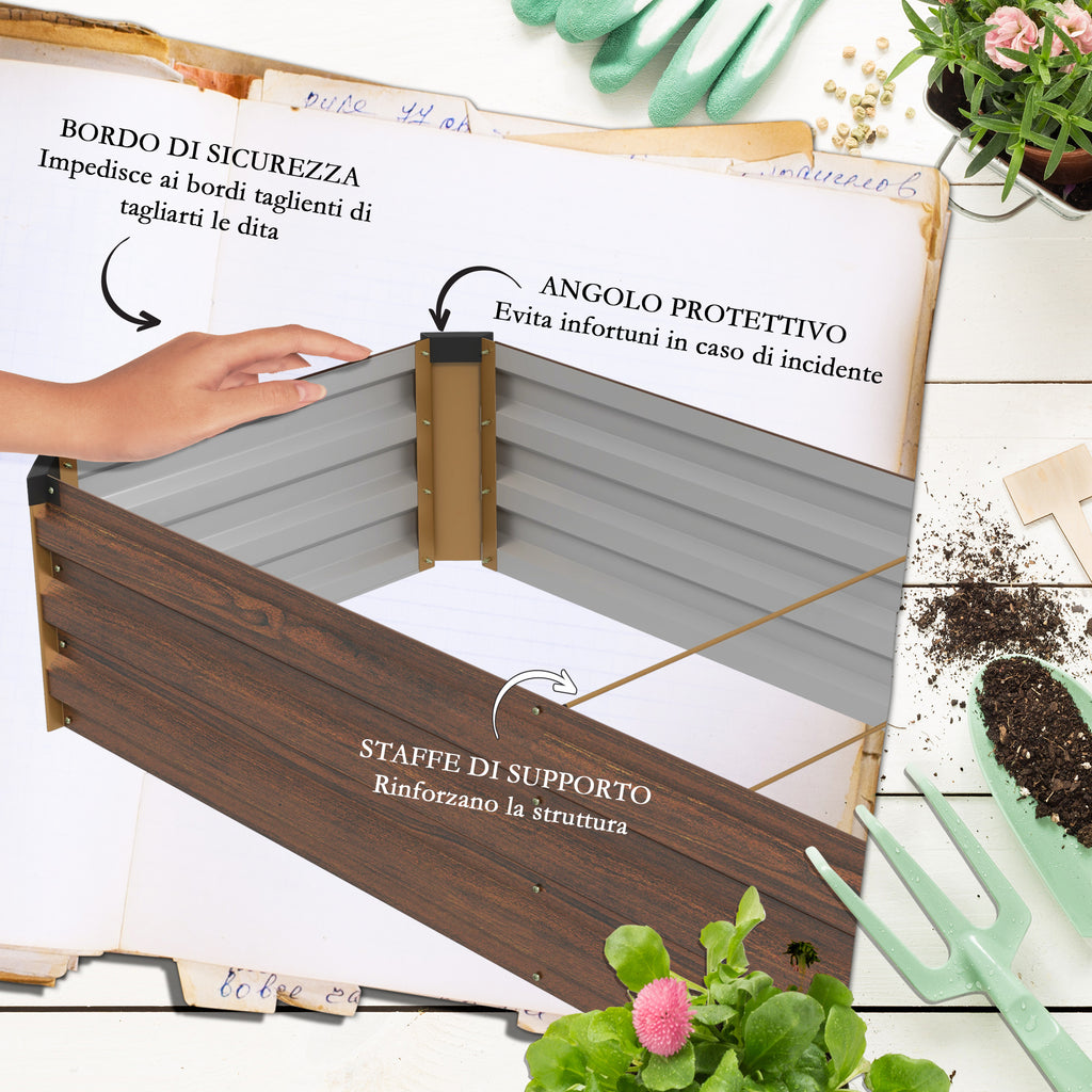 Outsunny 405L Open Bottom Metal Raised Planter, 240x60x30cm, Dark Wood Color