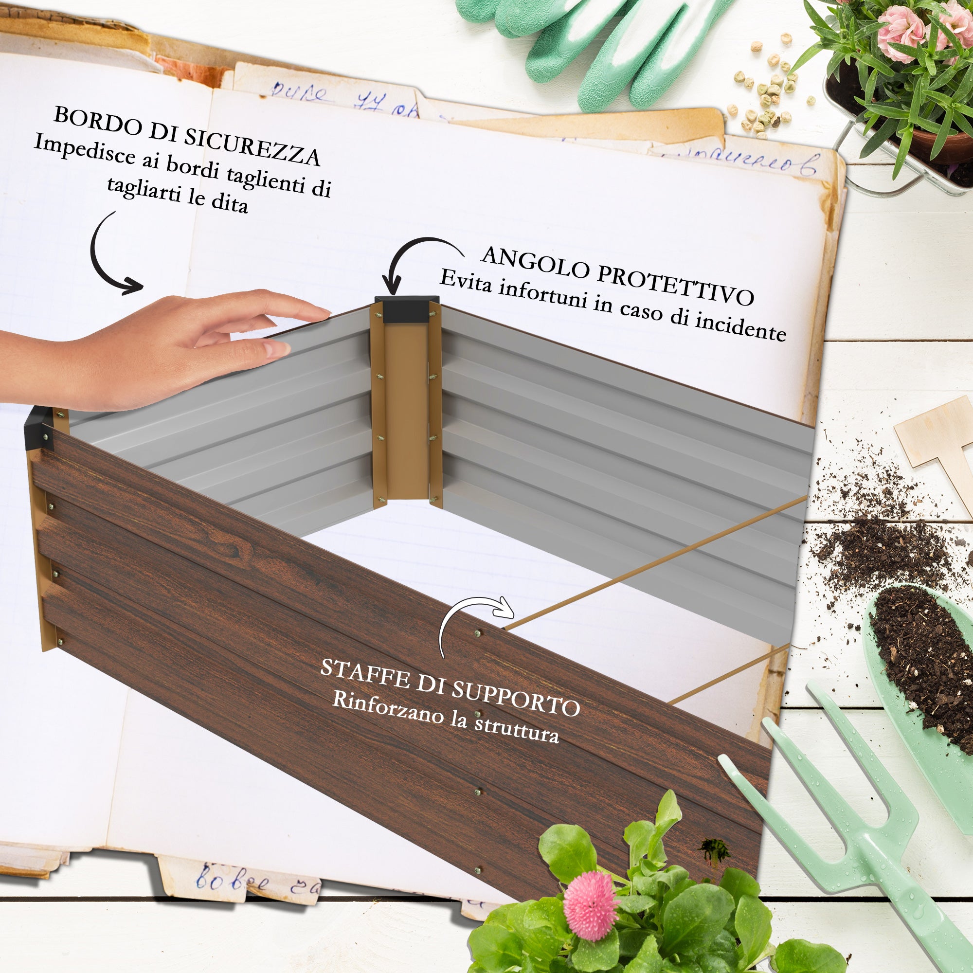 Outsunny 405L Open Bottom Metal Raised Planter, 240x60x30cm, Dark Wood Color