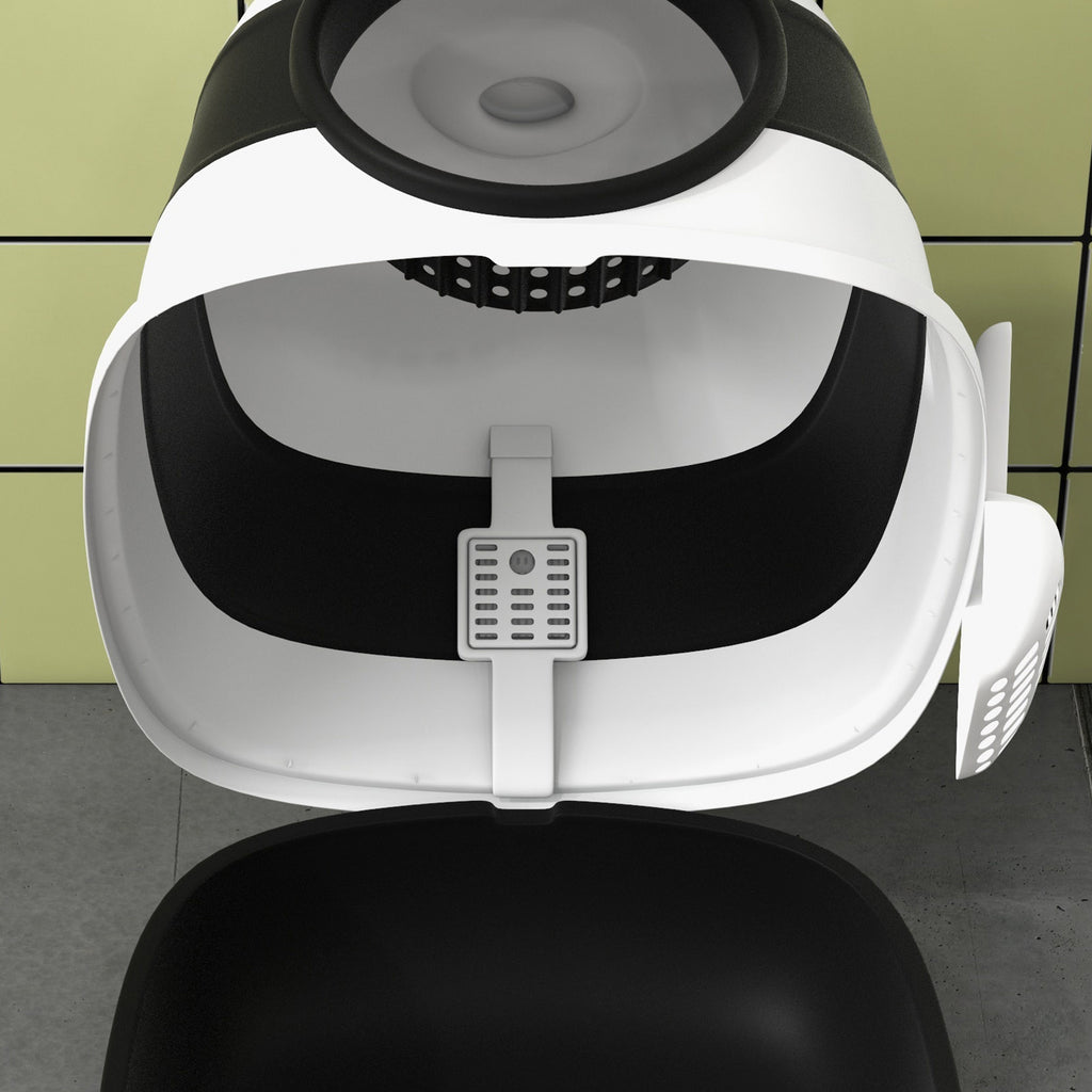 Cat Litter Box with Lid, Scoop and Deodorizer, Foldable Design, 52x41x38 cm, White and Black