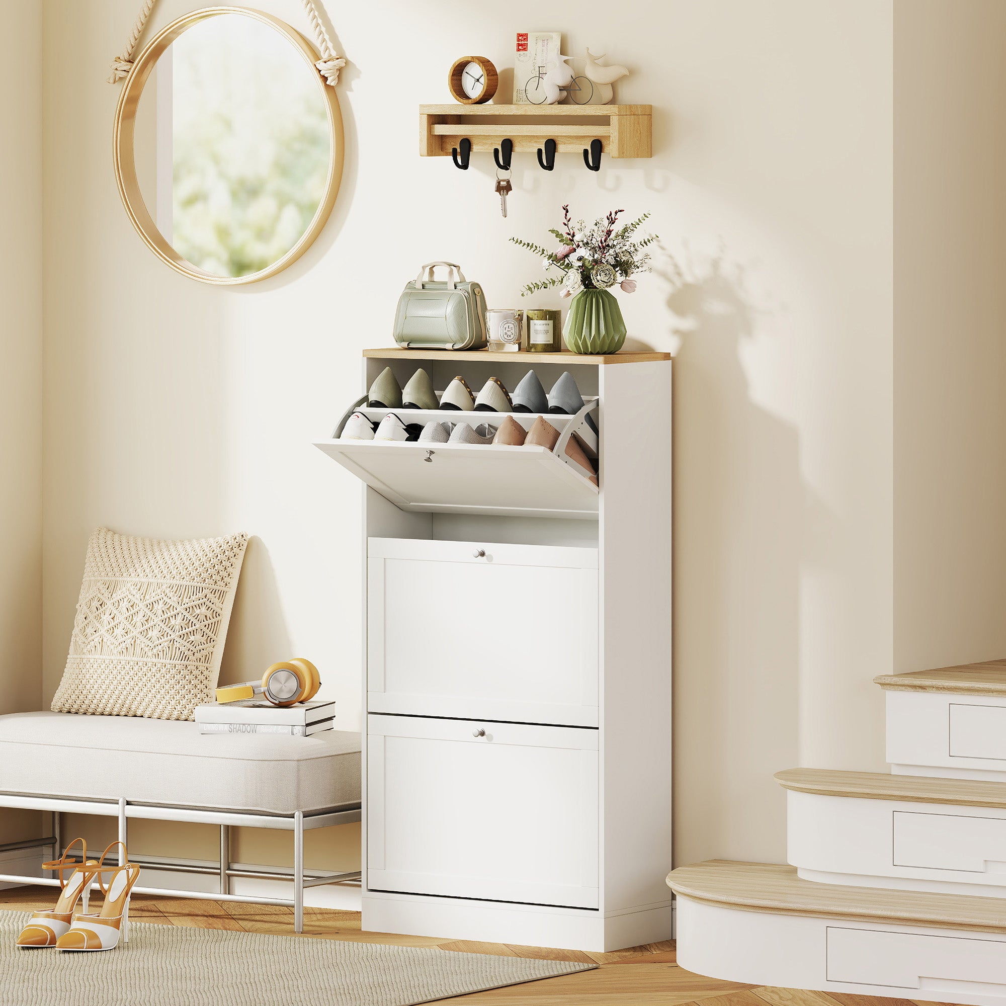 Space-Saving 3-Drawer Shoe Rack with 2-Tier Adjustable Shelves, Wooden, 60x23.5x115 cm, White