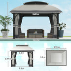 Garden Gazebo 4x3 m with Mosquito Nets and Double Roof, in Metal and Light Gray Polyester