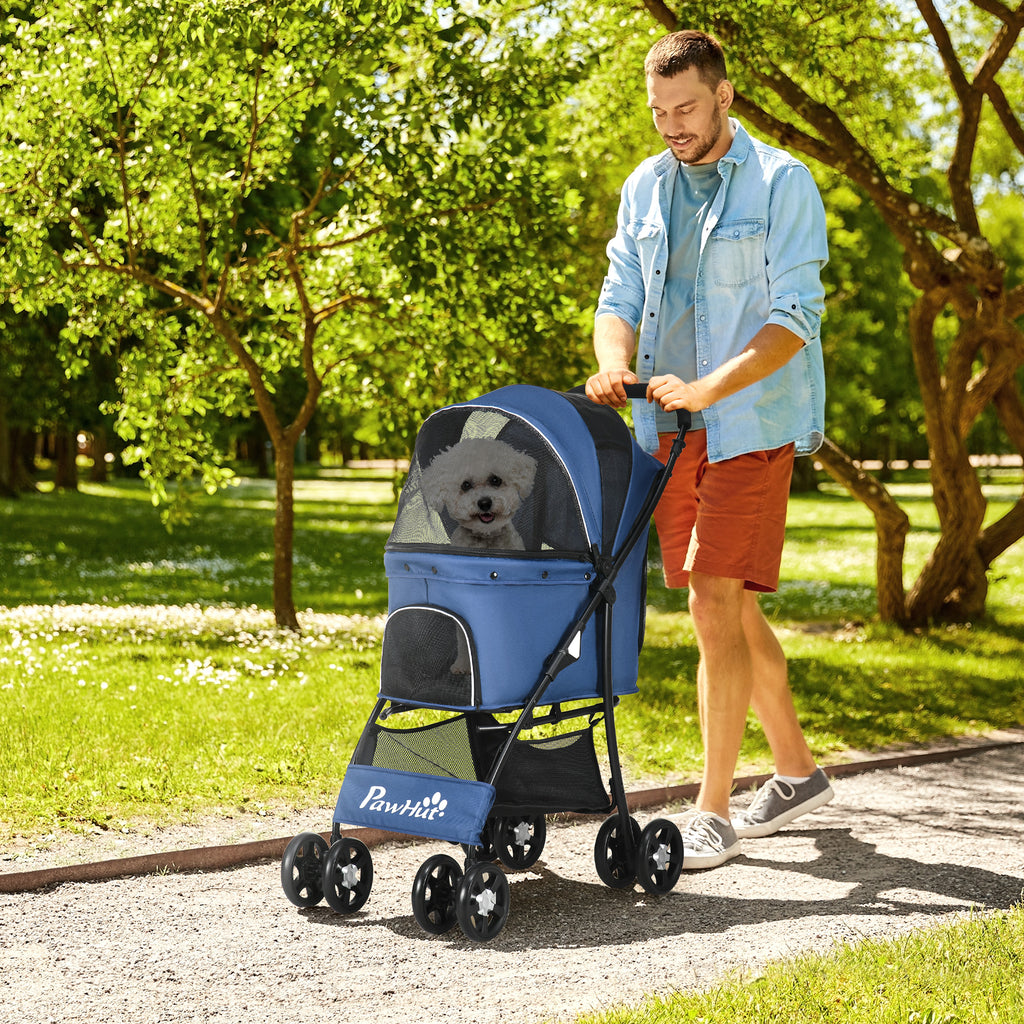 Dog Stroller with Basket, Cushion and 2 Leashes, in Steel and Oxford Fabric, 81x48x99 cm, Black and Dark Blue