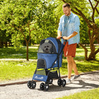 Dog Stroller with Basket, Cushion and 2 Leashes, in Steel and Oxford Fabric, 81x48x99 cm, Black and Dark Blue