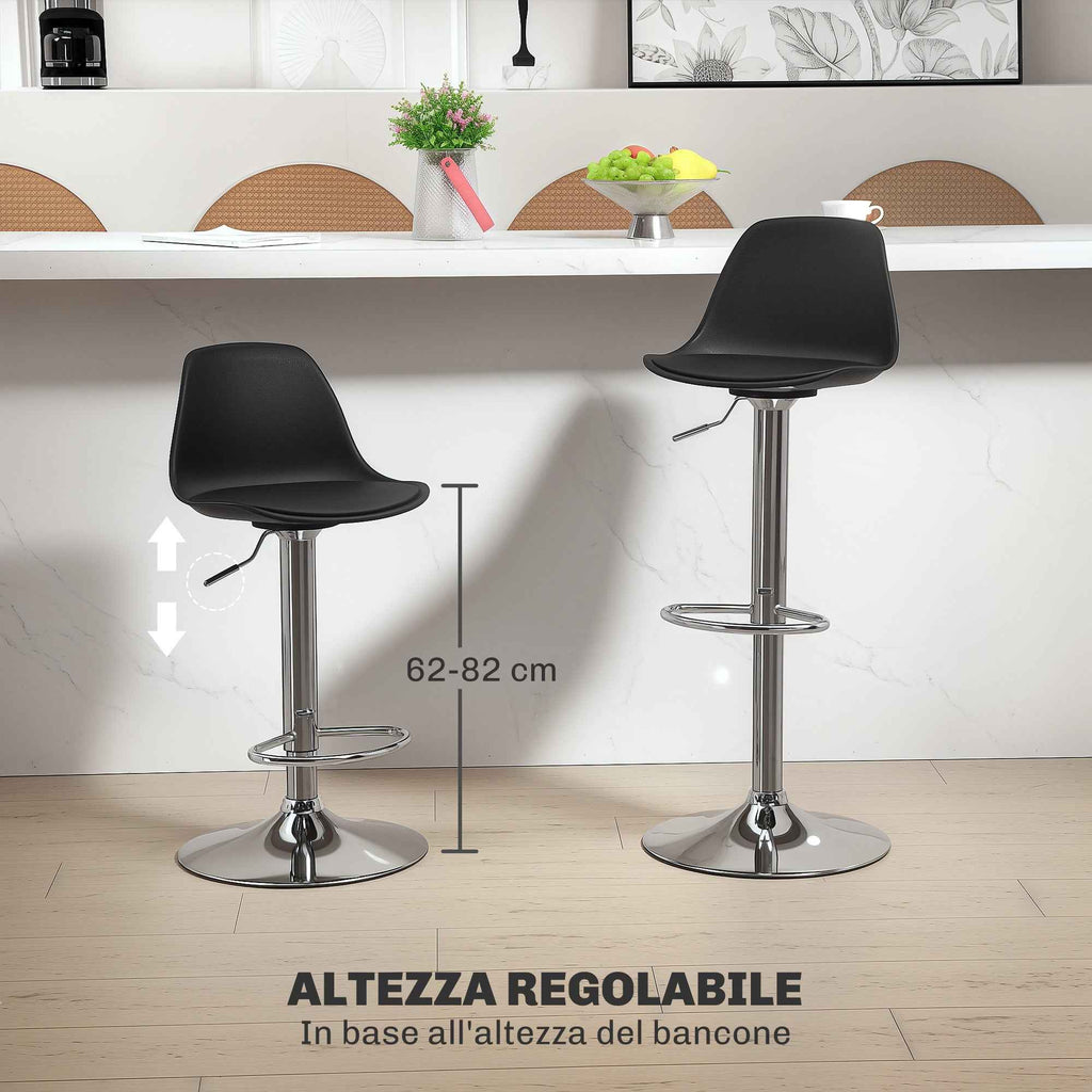 HOMCOM Set of 2 Bar Stools with Backrest and Footrest, in PP, PU Leather and Steel, 38x42x82-104 cm, Black